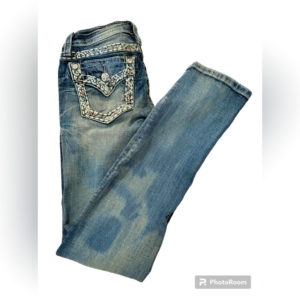 Miss Me girls skinny jeans distressed iridescent crystal beads Sz 12